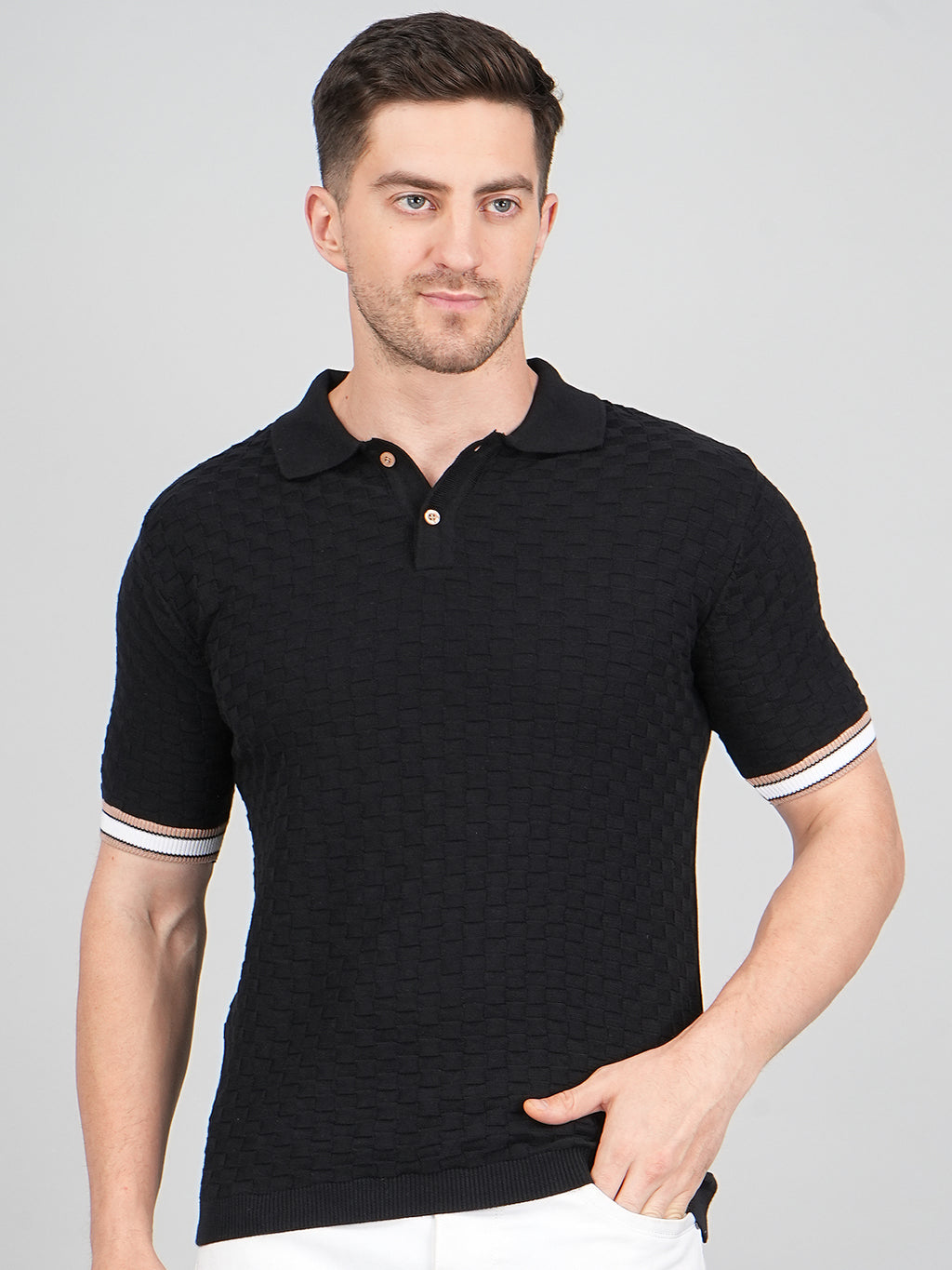 FEVERFEW Men Self Design Polo Neck Pure Cotton T-Shirt