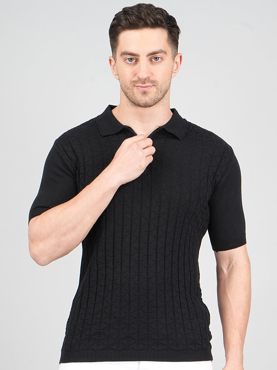 FEVERFEW Men Self Design Polo Neck Pure Cotton T-Shirt