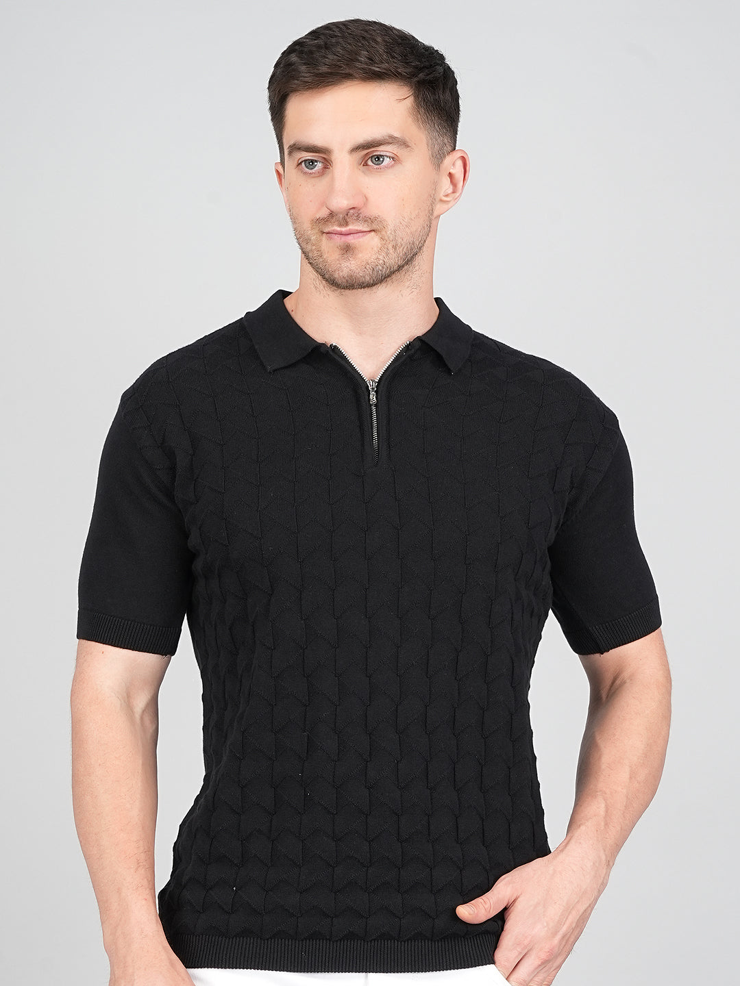 FEVERFEW Men Self Design Polo Neck Pure Cotton T-Shirt