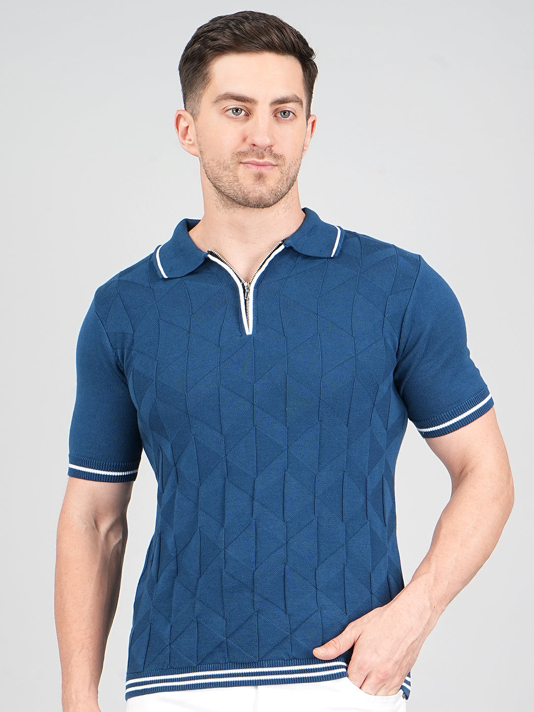 FEVERFEW Men Self Design Polo Neck Pure Cotton T-Shirt