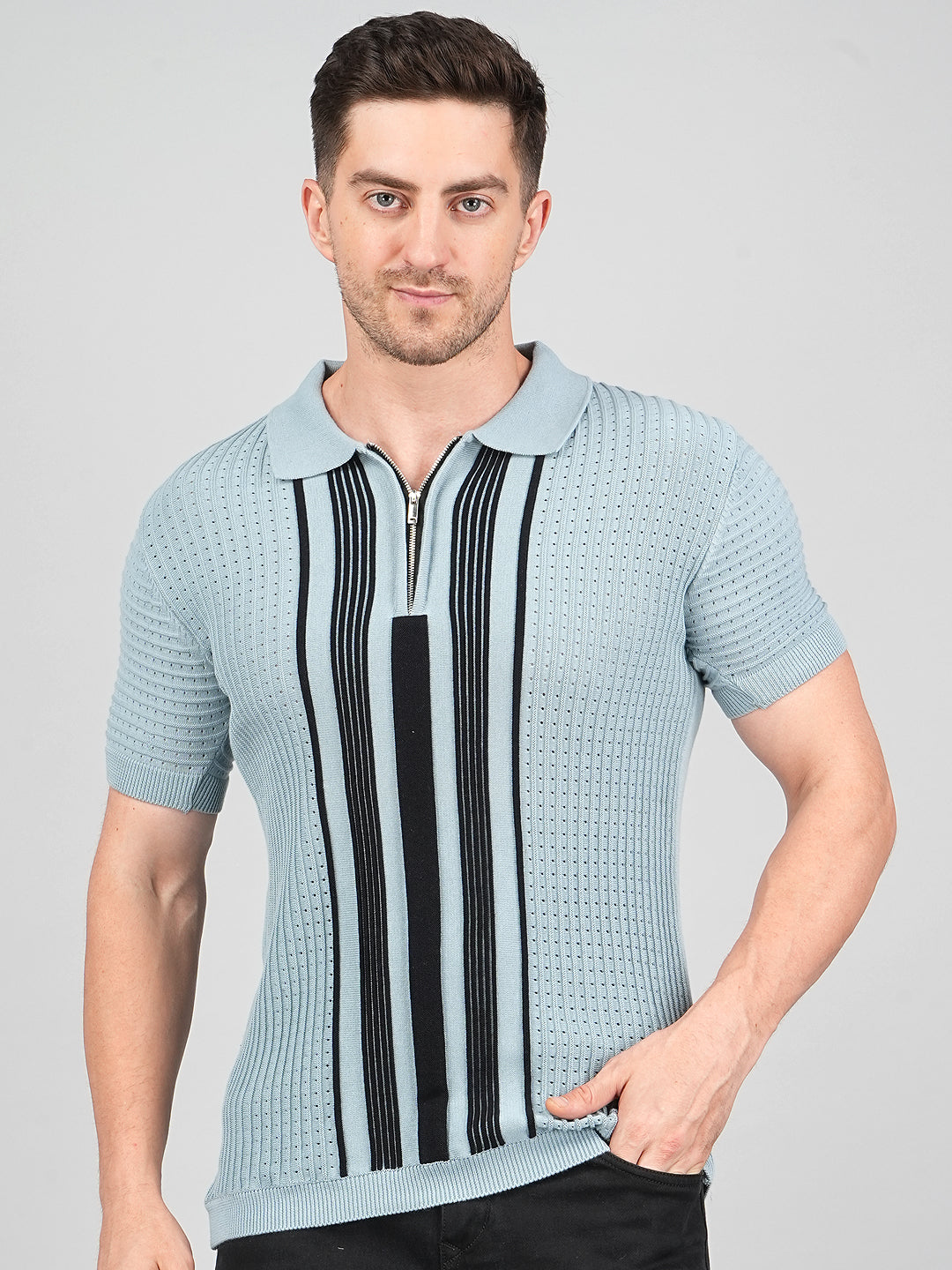 FEVERFEW Men Self Design Polo Neck Pure Cotton T-Shirt