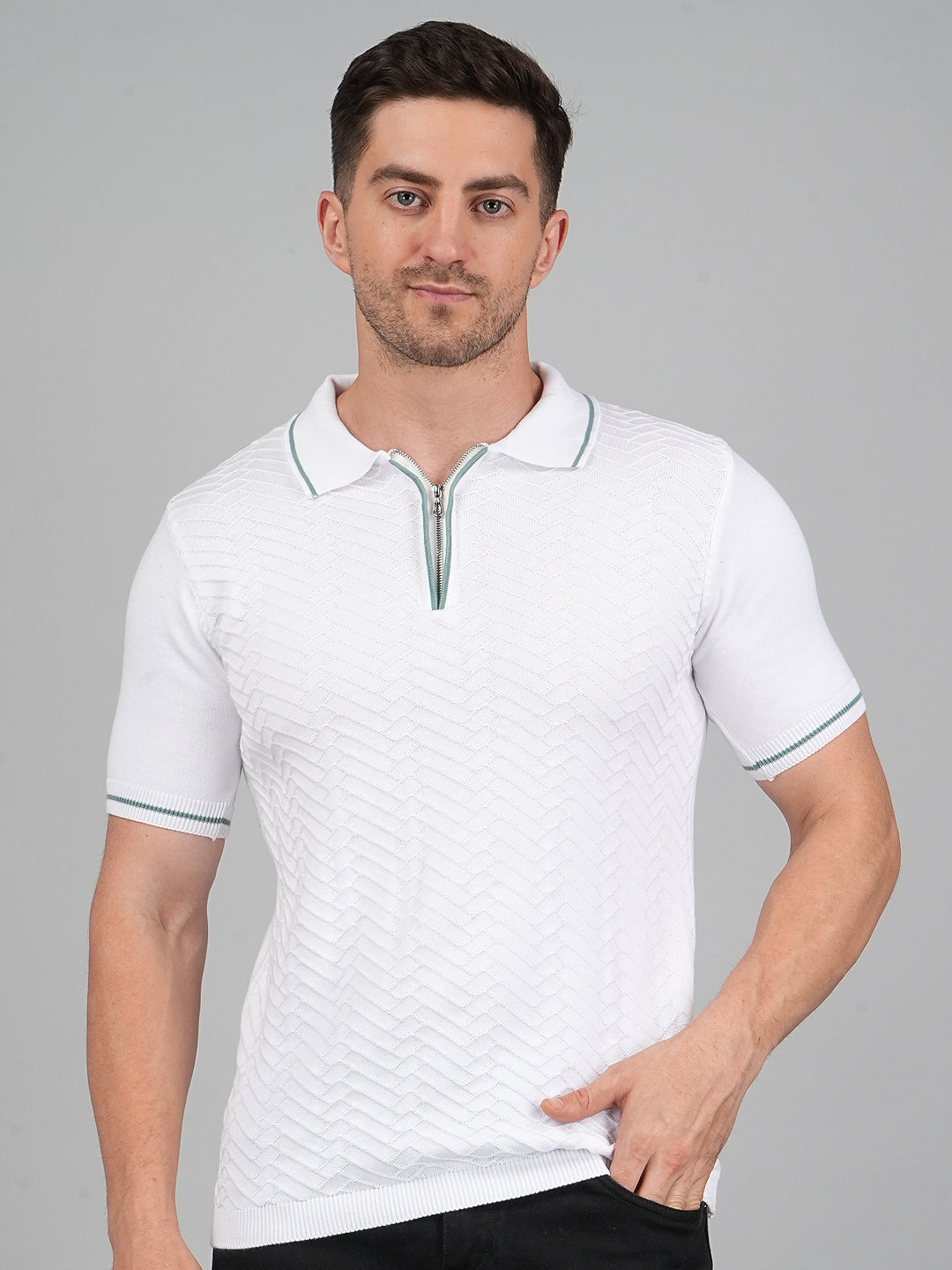 FEVERFEW Men Self Design Polo Neck Pure Cotton T-Shirt
