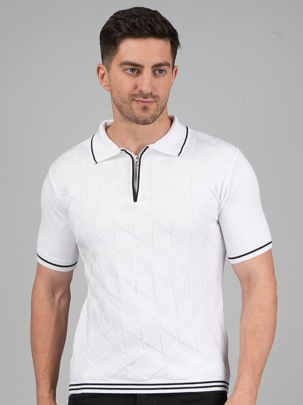 FEVERFEW Men Self Design Polo Neck Pure Cotton T-Shirt