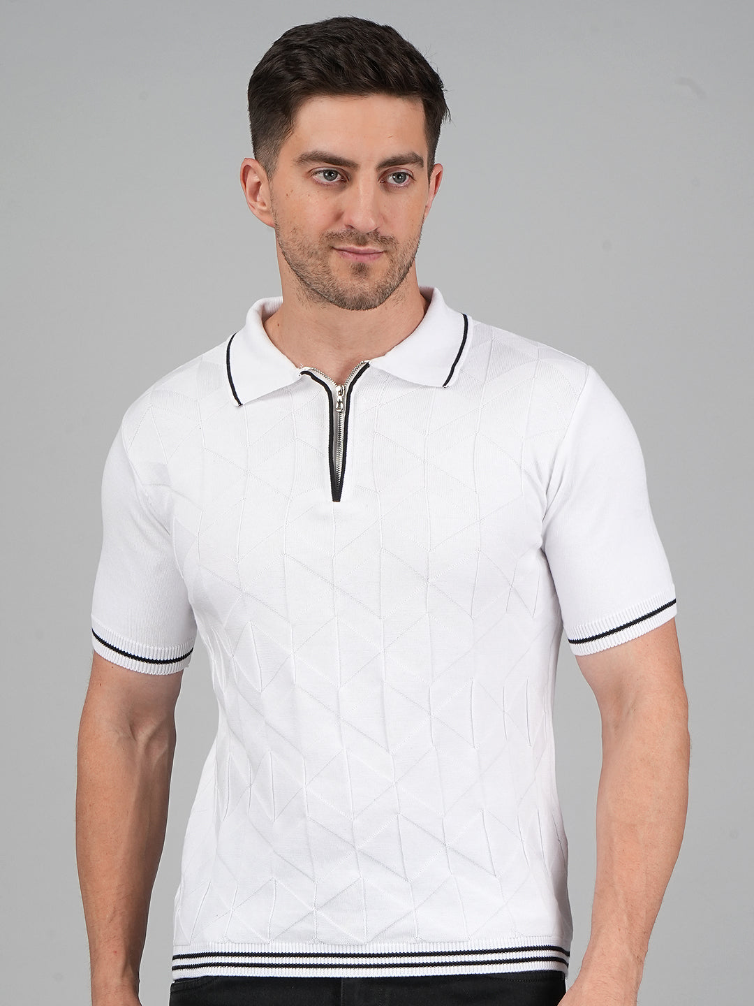 FEVERFEW Men Self Design Polo Neck Pure Cotton T-Shirt