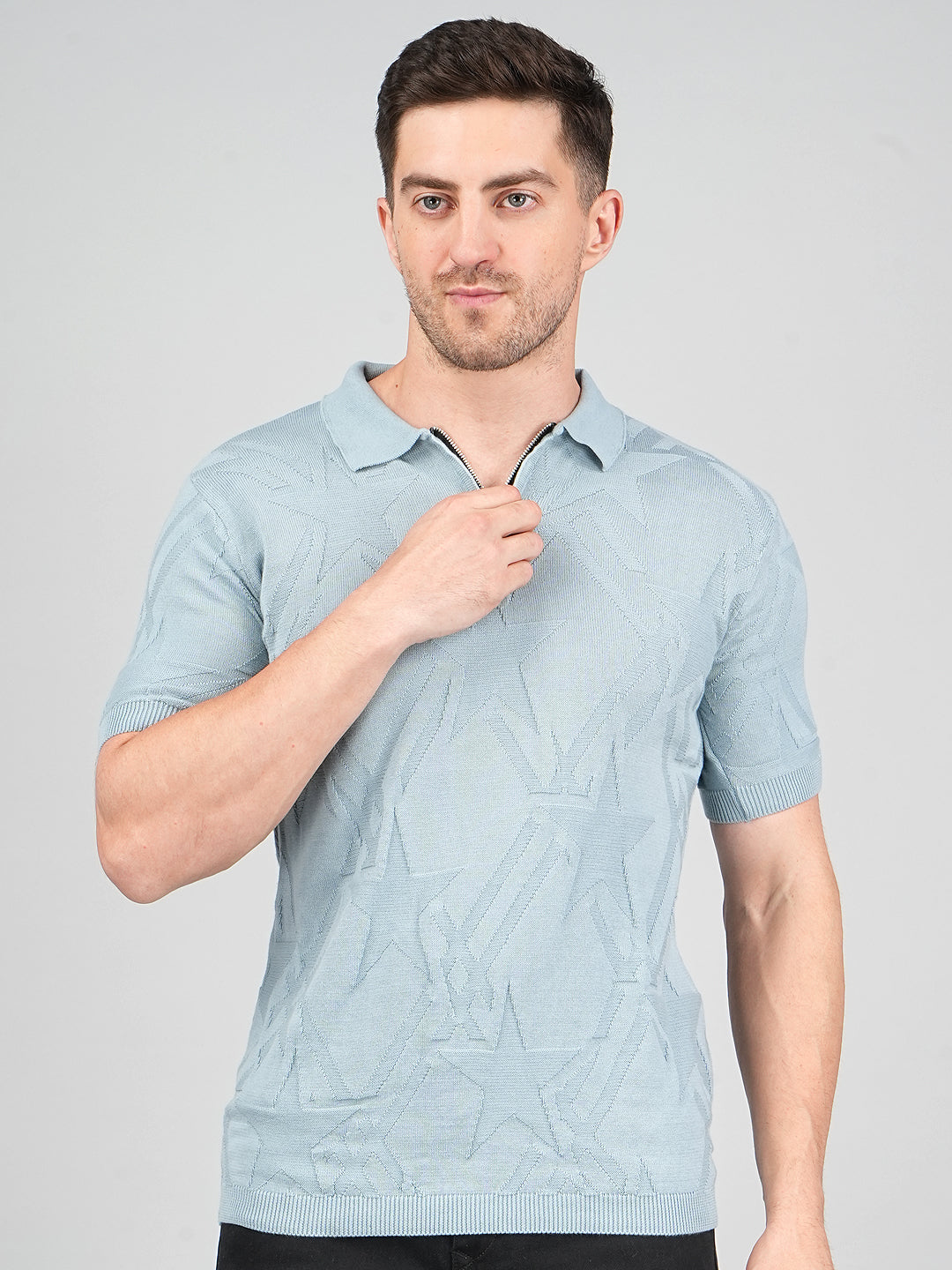 FEVERFEW Men Self Design Polo Neck Pure Cotton T-Shirt