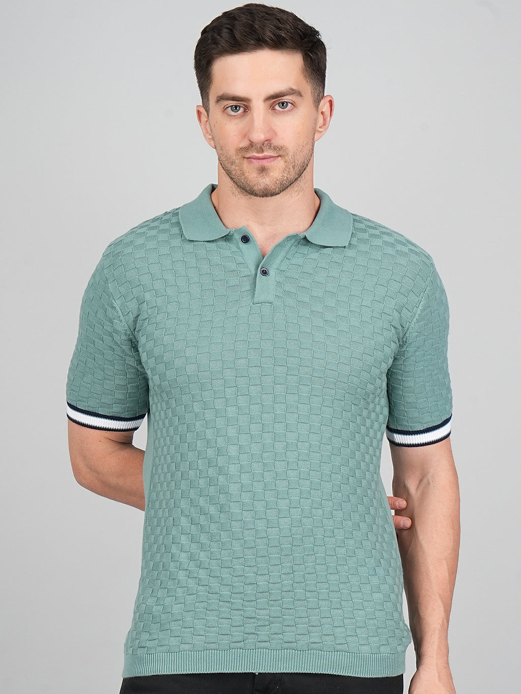 FEVERFEW Men Self Design Polo Neck Pure Cotton T-Shirt