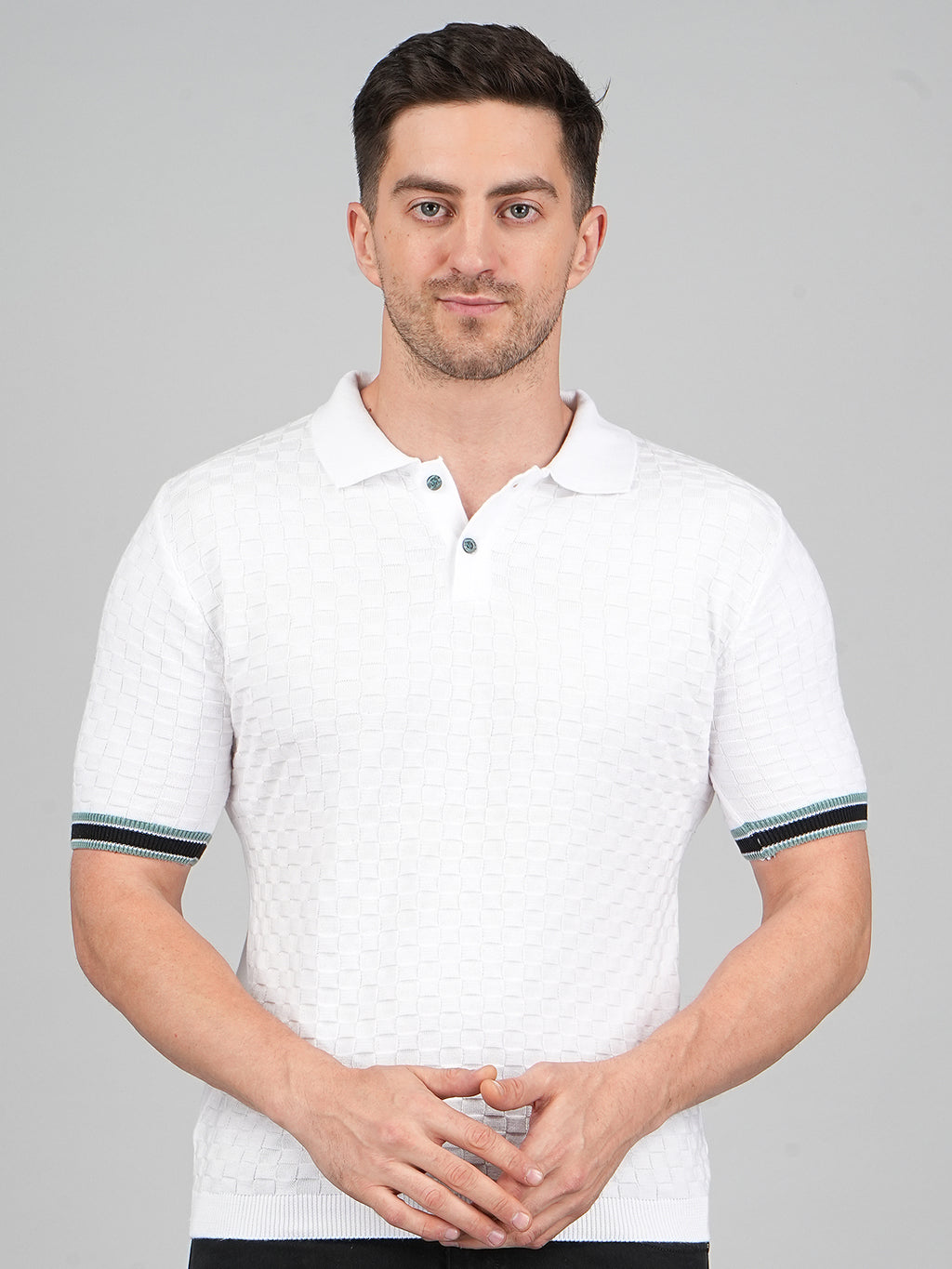 FEVERFEW Men Self Design Polo Neck Pure Cotton T-Shirt