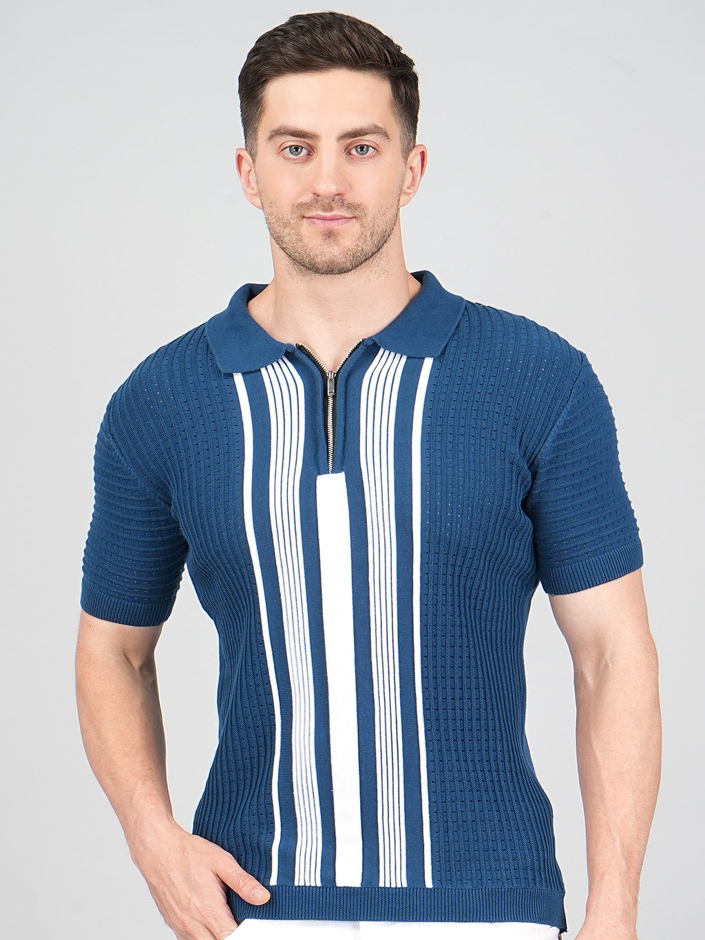 FEVERFEW Men Self Design Polo Neck Pure Cotton T-Shirt