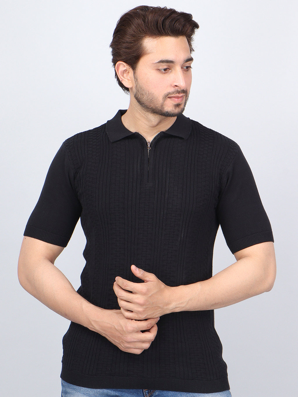 FEVERFEW Men Self Design Polo Neck Pure Cotton T-Shirt