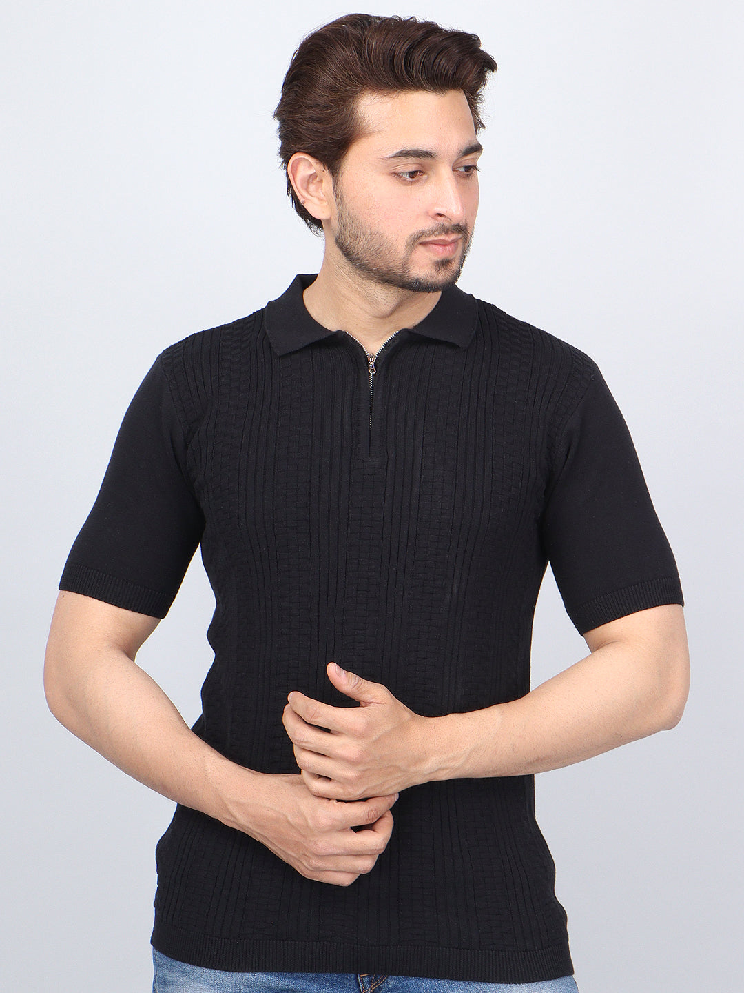 FEVERFEW Men Self Design Polo Neck Pure Cotton T-Shirt