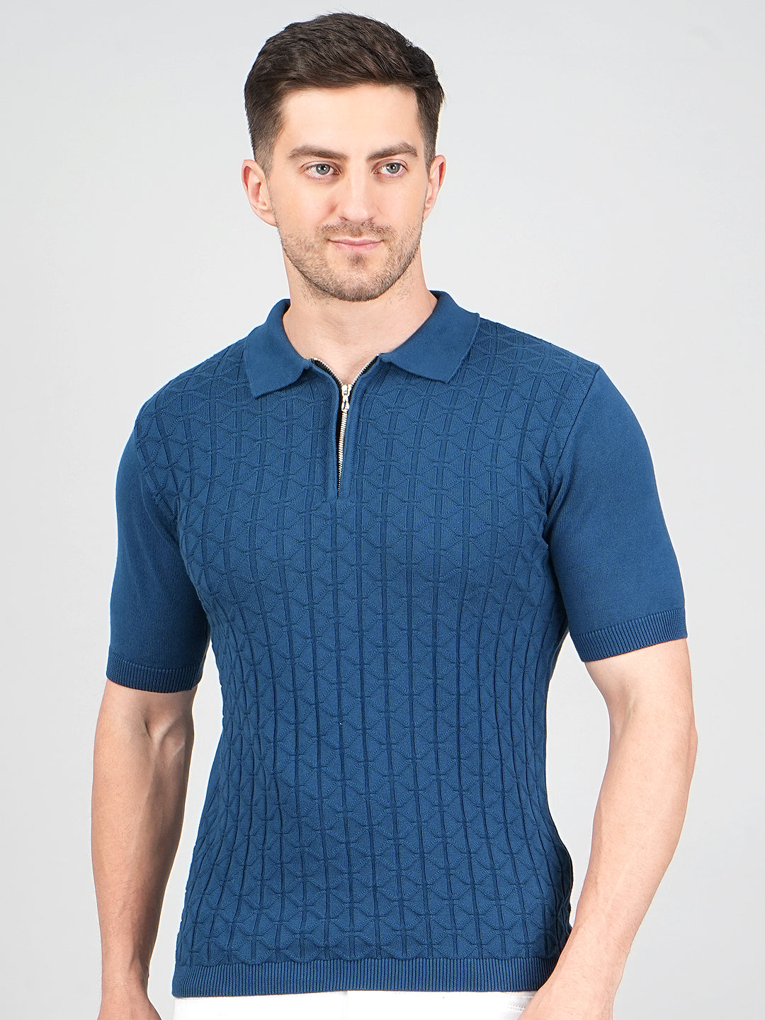 FEVERFEW Men Self Design Polo Neck Pure Cotton T-Shirt