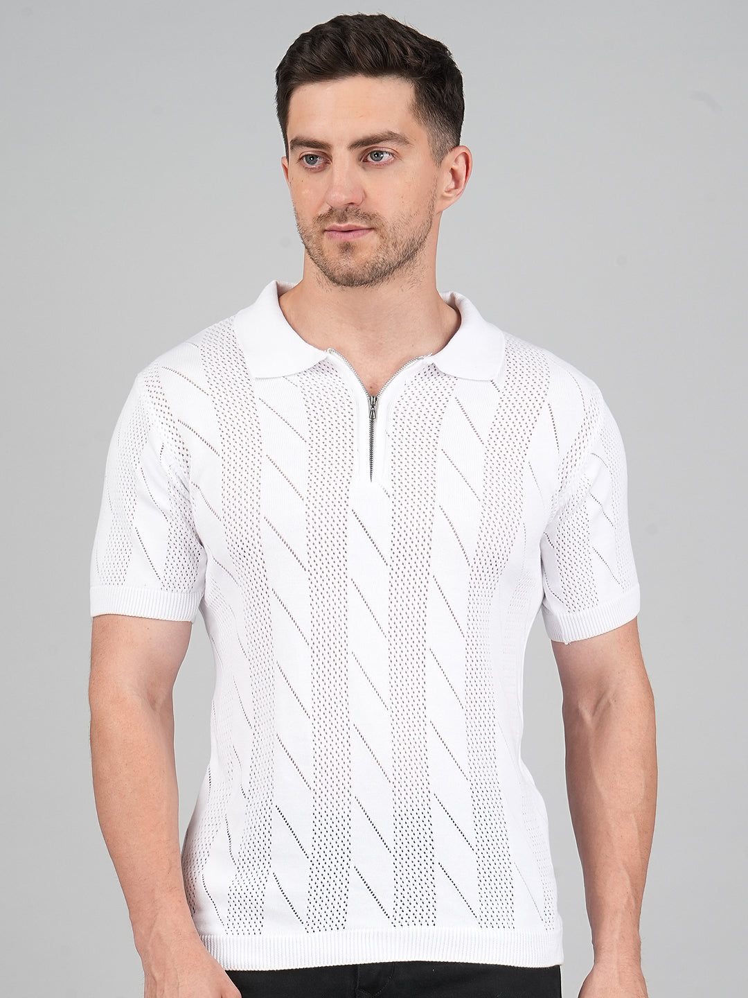 FEVERFEW Men Self Design Polo Neck Pure Cotton T-Shirt