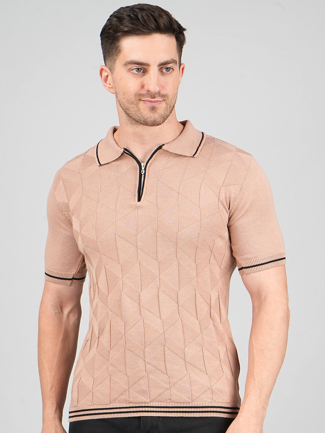 FEVERFEW Men Self Design Polo Neck Pure Cotton T-Shirt