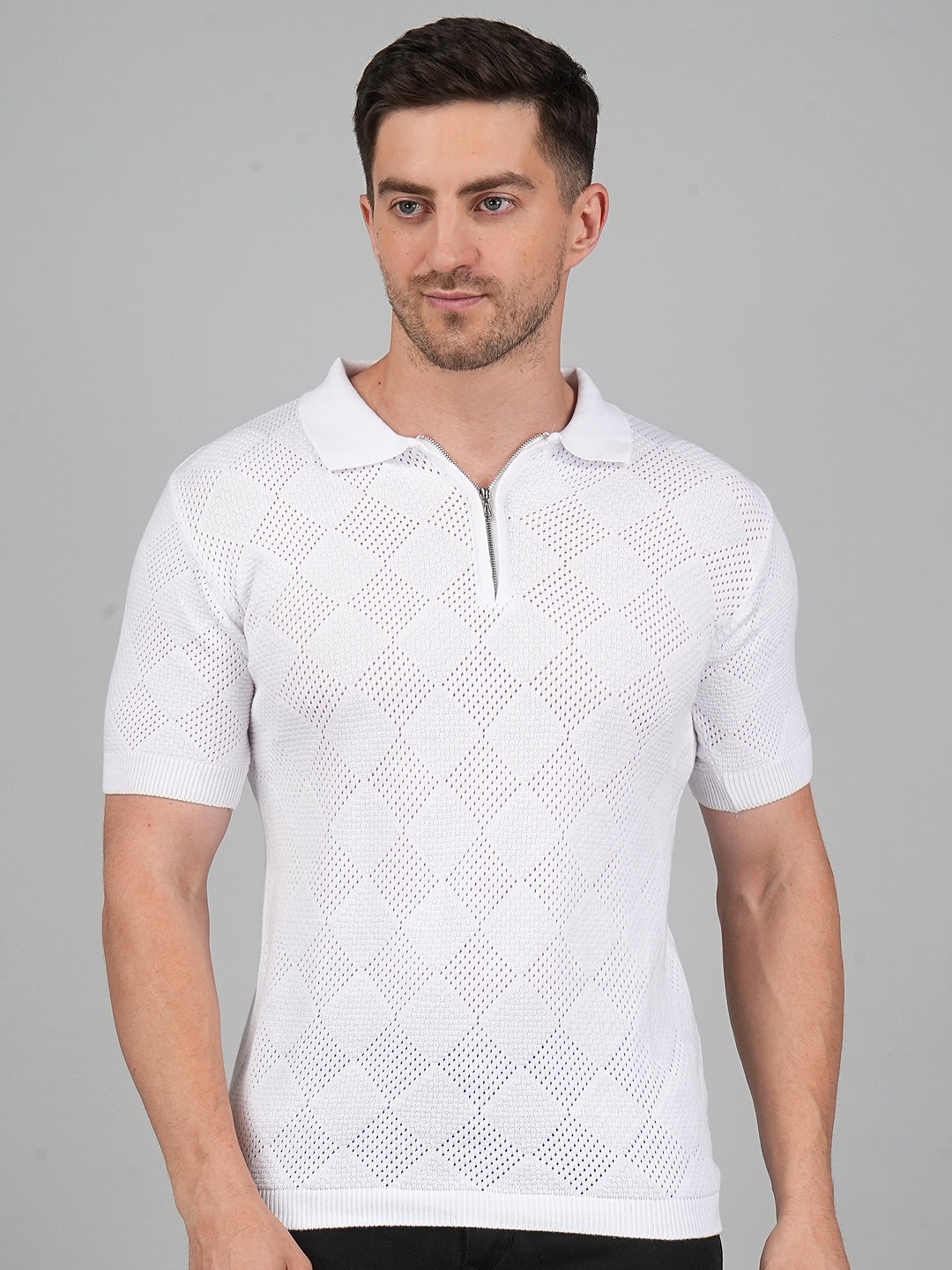 FEVERFEW Men Self Design Polo Neck Pure Cotton T-Shirt