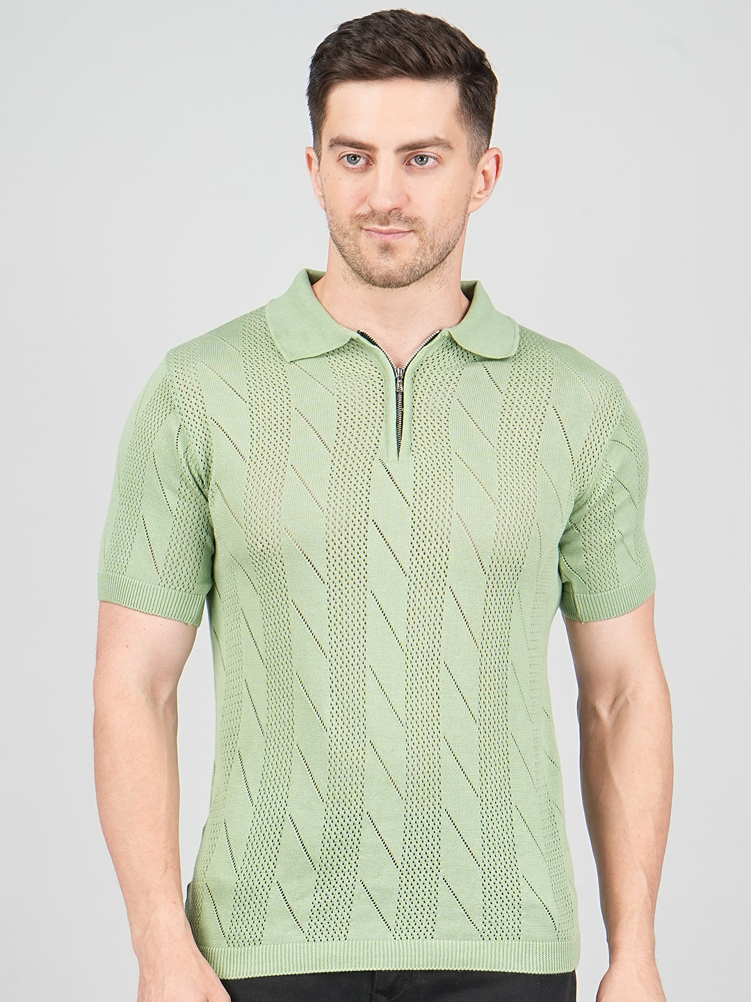FEVERFEW Men Self Design Polo Neck Pure Cotton T-Shirt