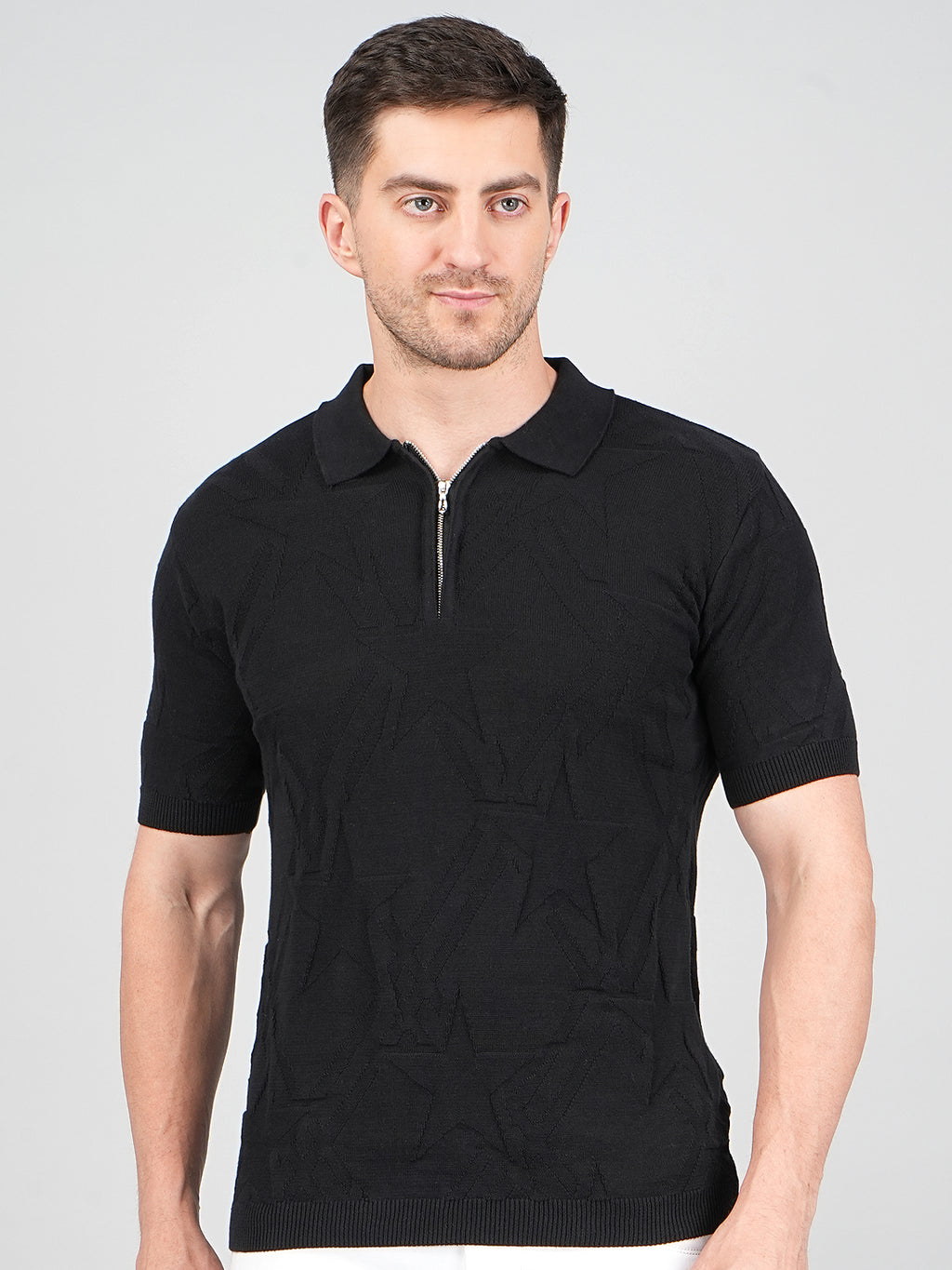 FEVERFEW Men Self Design Polo Neck Pure Cotton T-Shirt