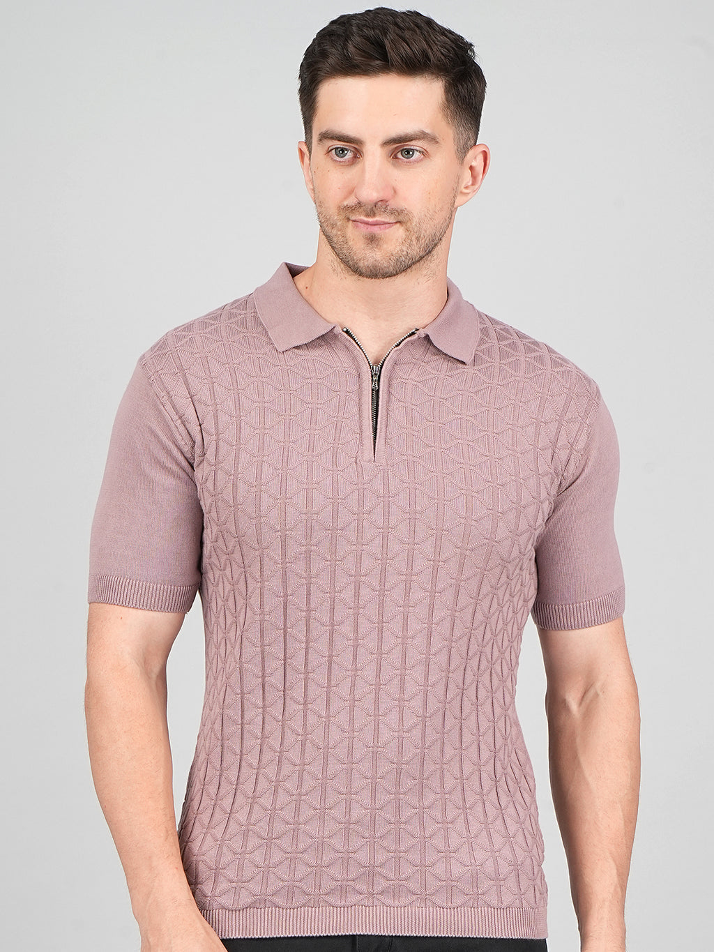 FEVERFEW Men Self Design Polo Neck Pure Cotton T-Shirt