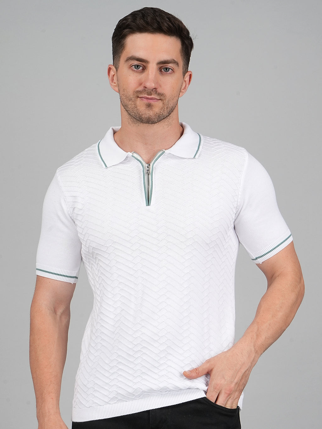 FEVERFEW Men Self Design Polo Neck Pure Cotton T-Shirt