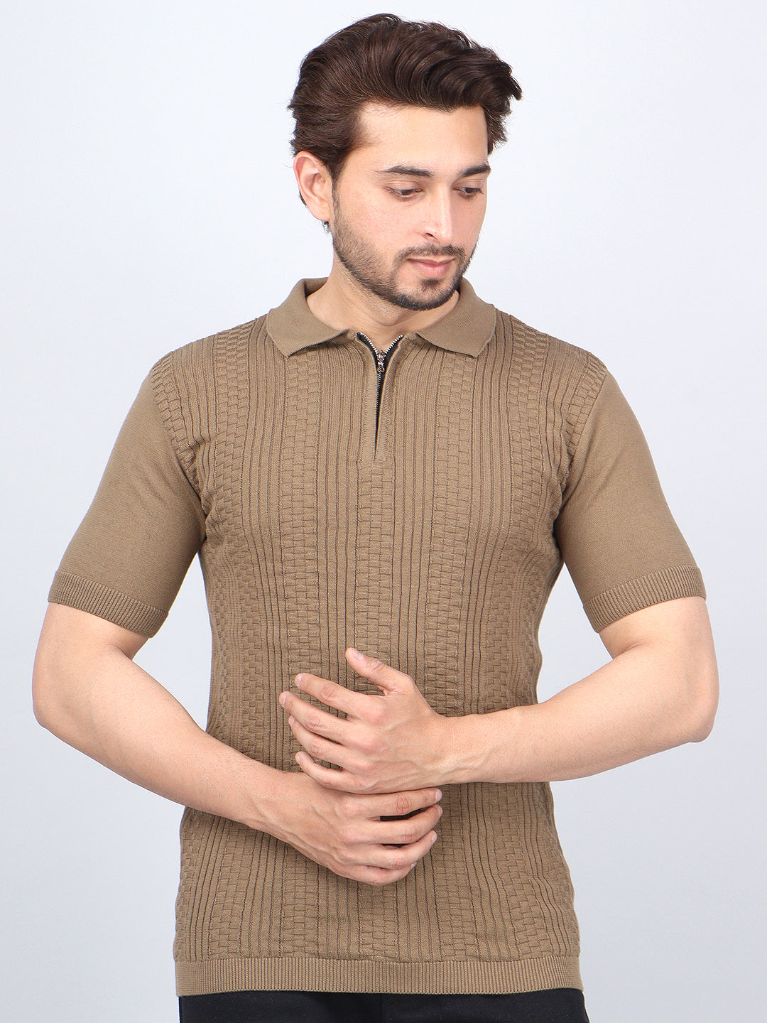 FEVERFEW Men Self Design Polo Neck Pure Cotton T-Shirt