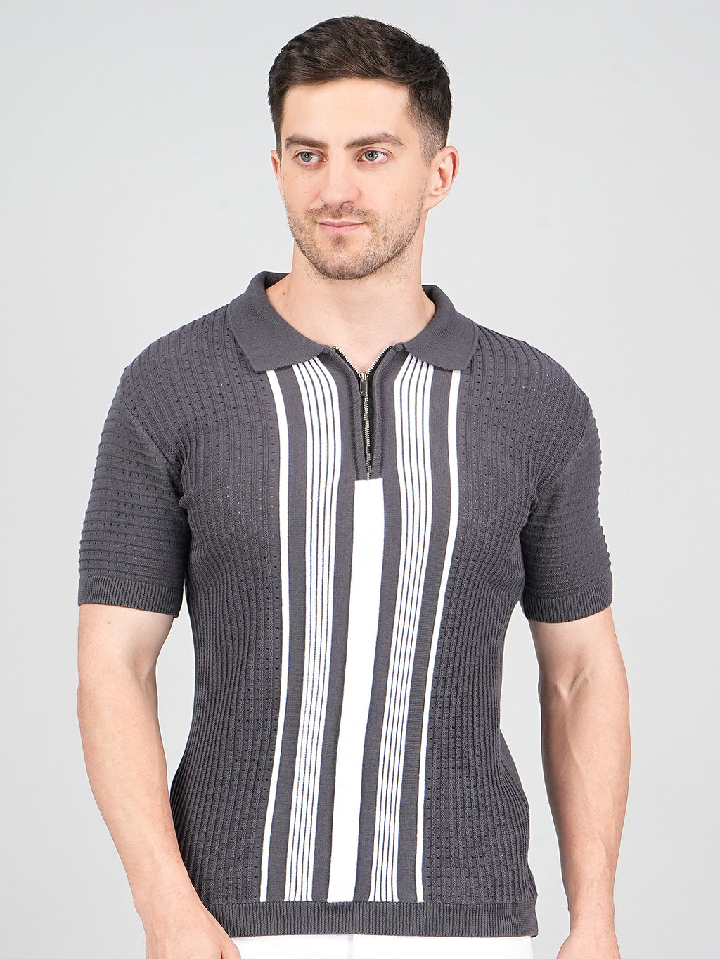 FEVERFEW Men Self Design Polo Neck Pure Cotton T-Shirt