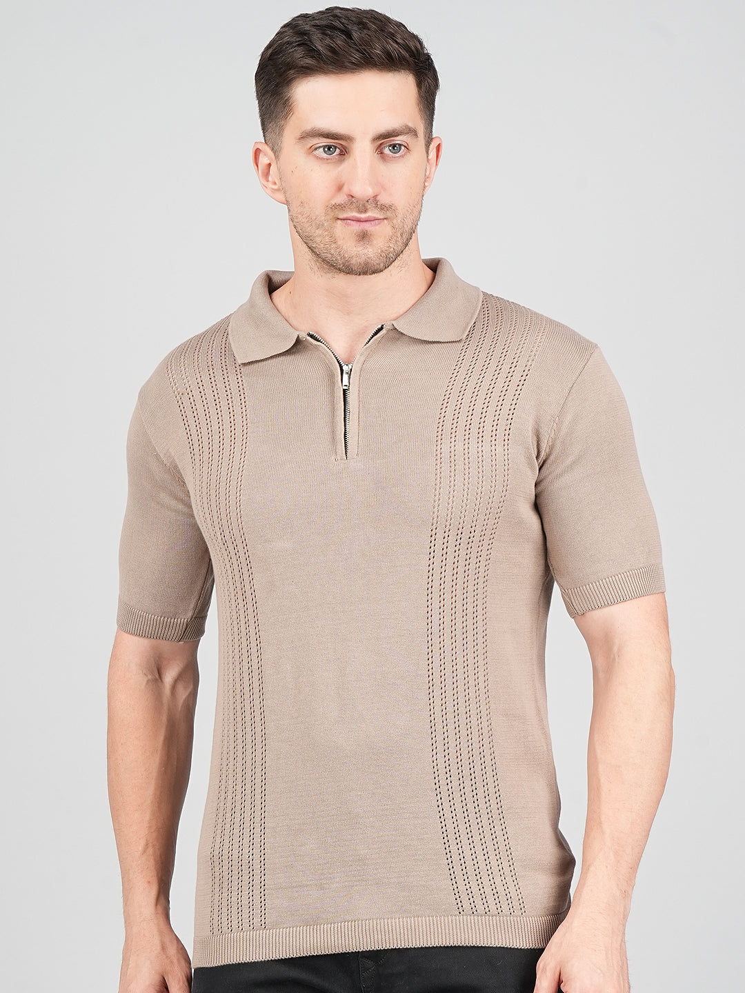 FEVERFEW Men Self Design Polo Neck Pure Cotton T-Shirt