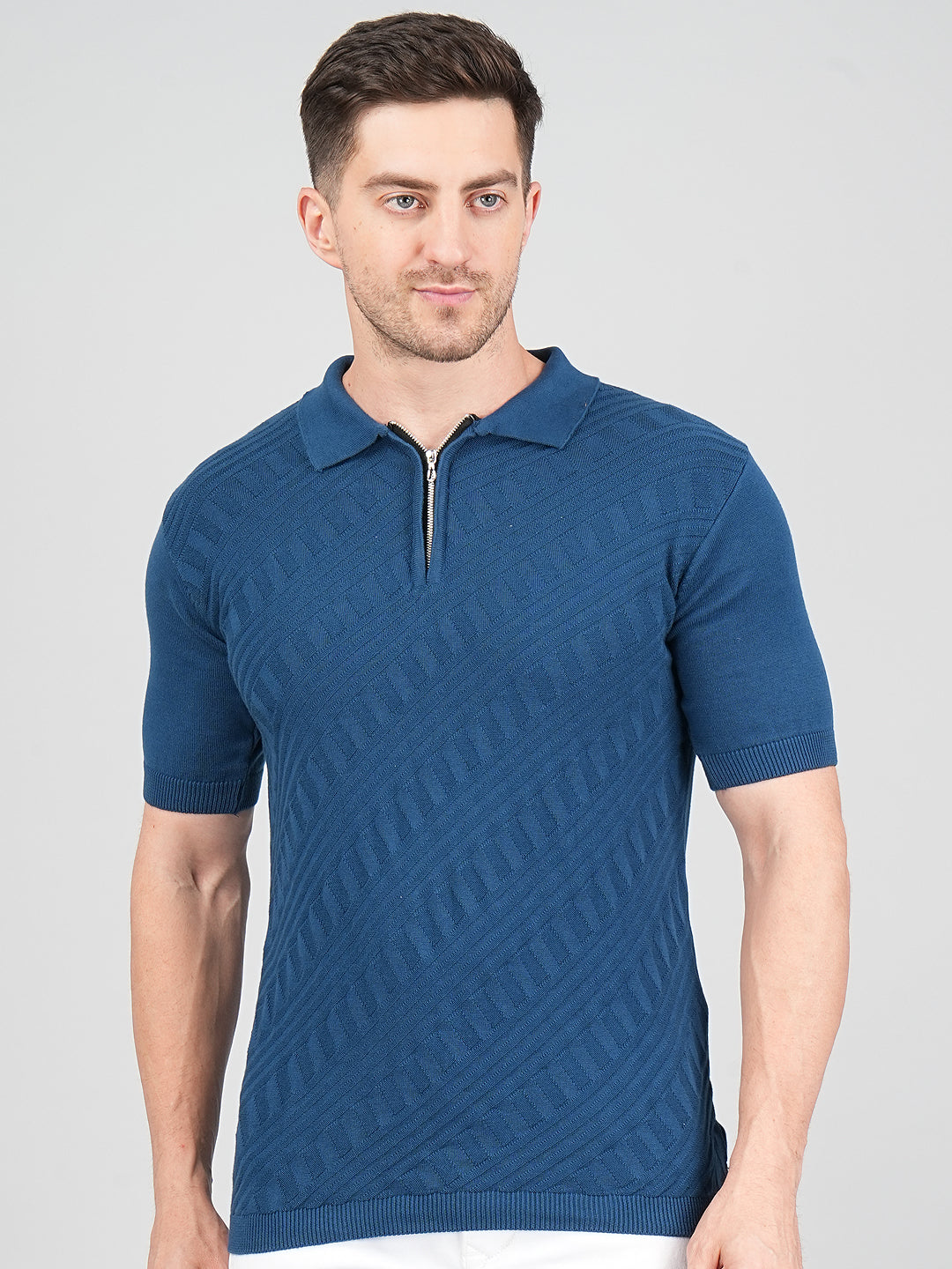 FEVERFEW Men Self Design Polo Neck Pure Cotton T-Shirt