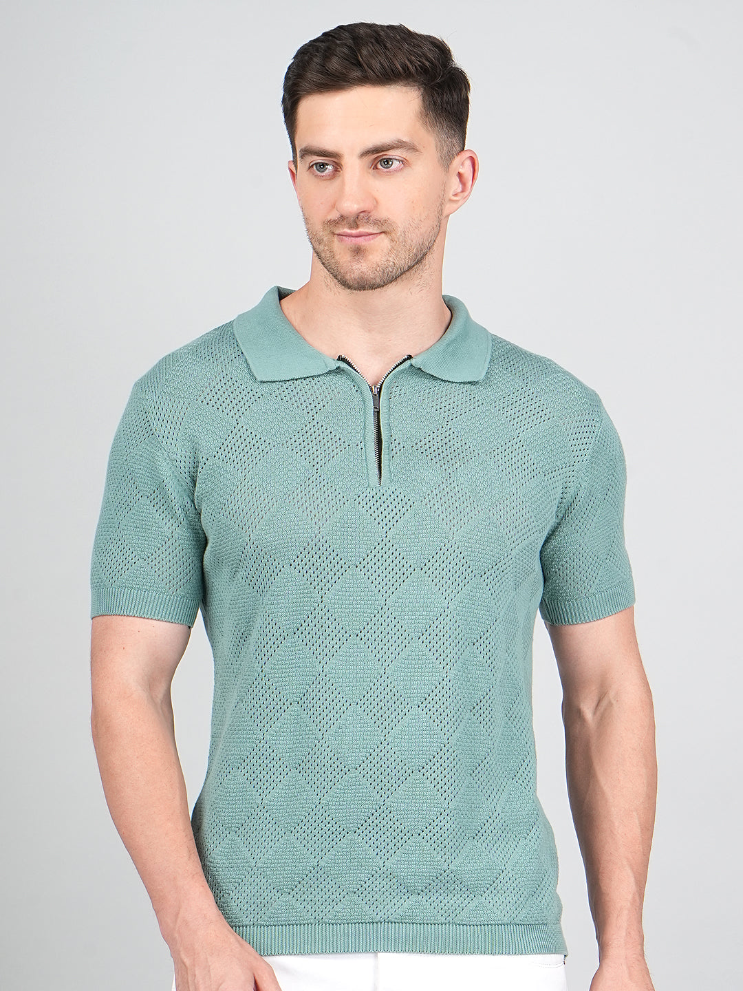 FEVERFEW Men Self Design Polo Neck Pure Cotton T-Shirt