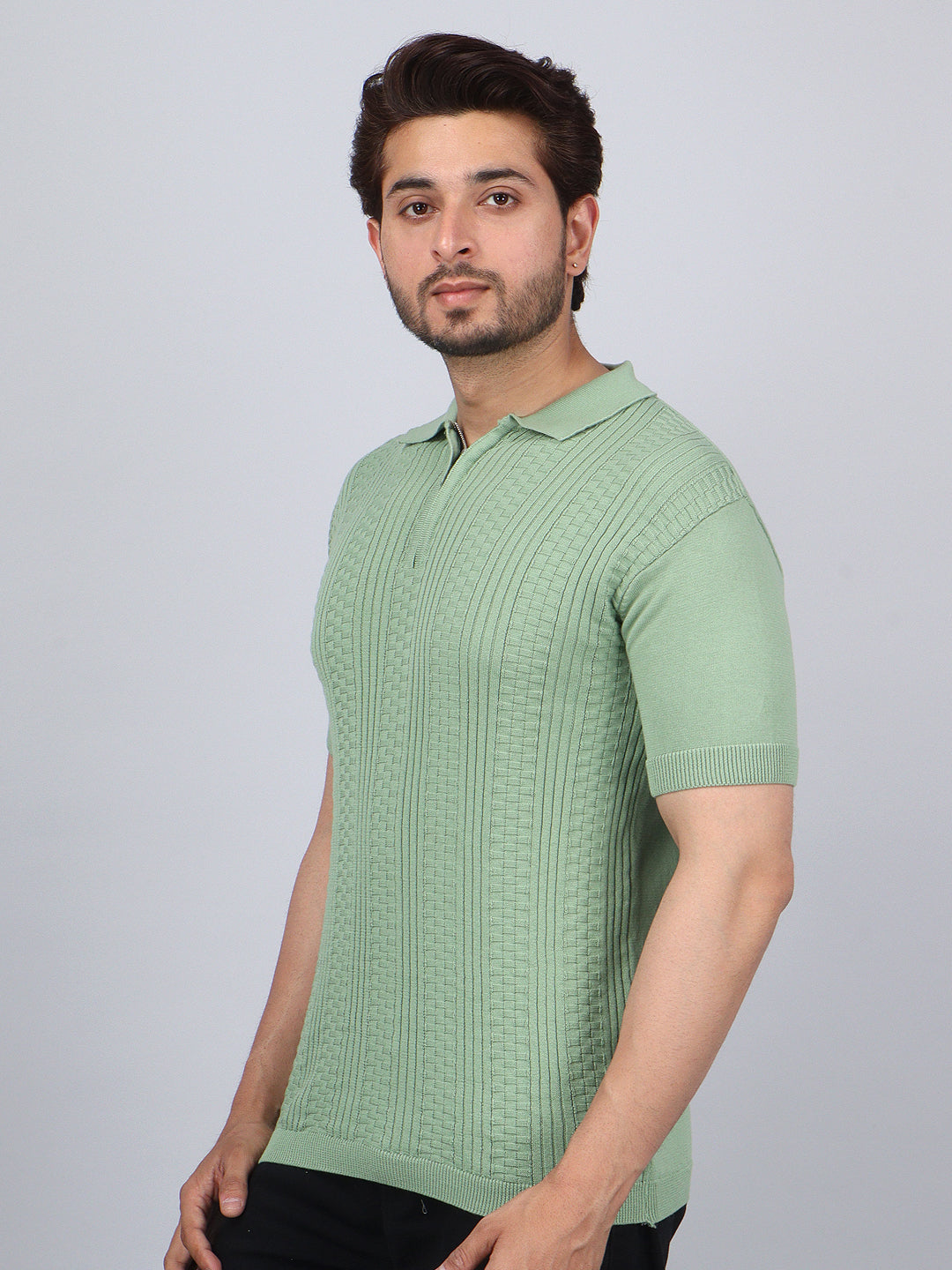FEVERFEW Men Self Design Polo Neck Pure Cotton T-Shirt
