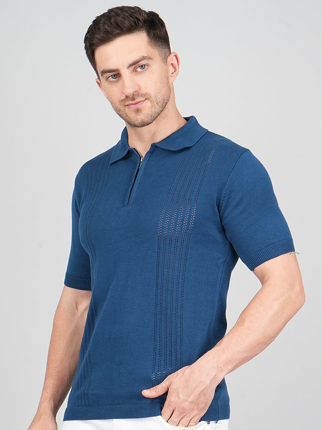 FEVERFEW Men Self Design Polo Neck Pure Cotton T-Shirt