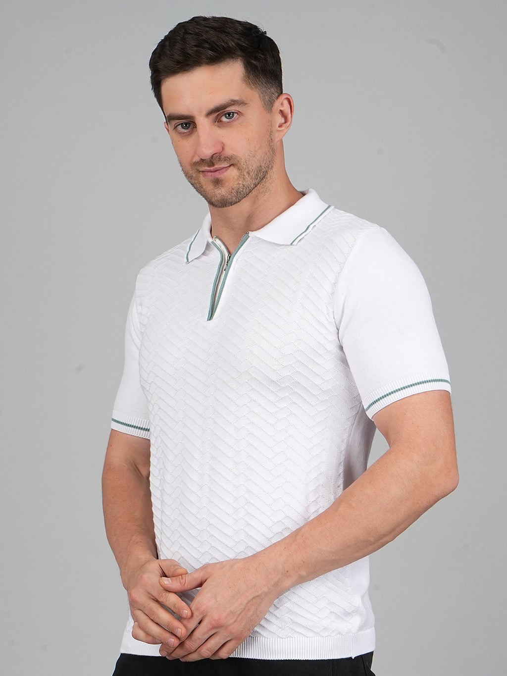 FEVERFEW Men Self Design Polo Neck Pure Cotton T-Shirt