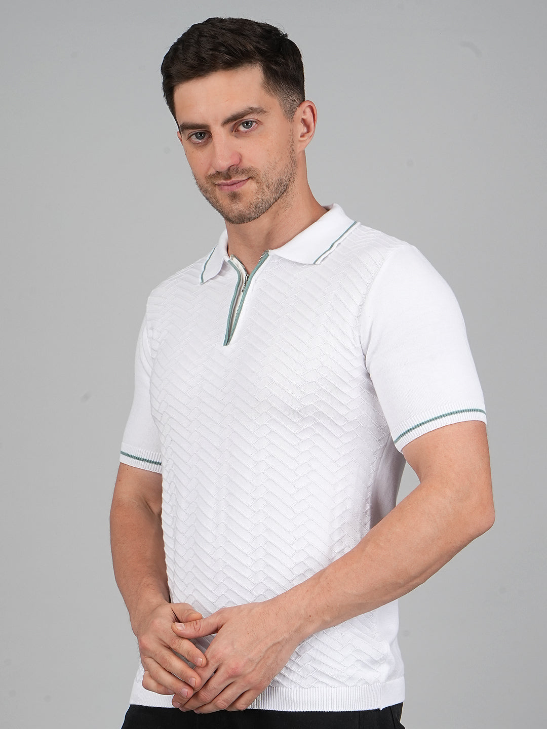 FEVERFEW Men Self Design Polo Neck Pure Cotton T-Shirt