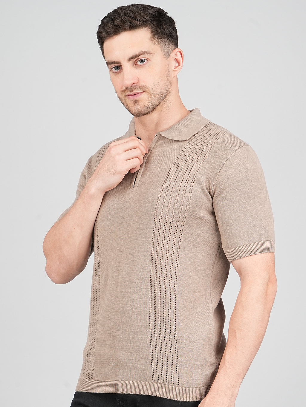 FEVERFEW Men Self Design Polo Neck Pure Cotton T-Shirt
