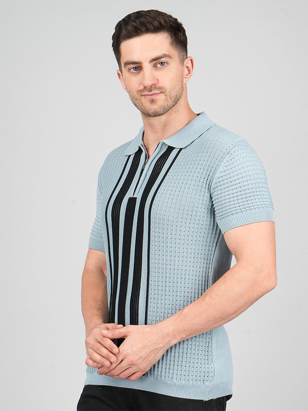 FEVERFEW Men Self Design Polo Neck Pure Cotton T-Shirt