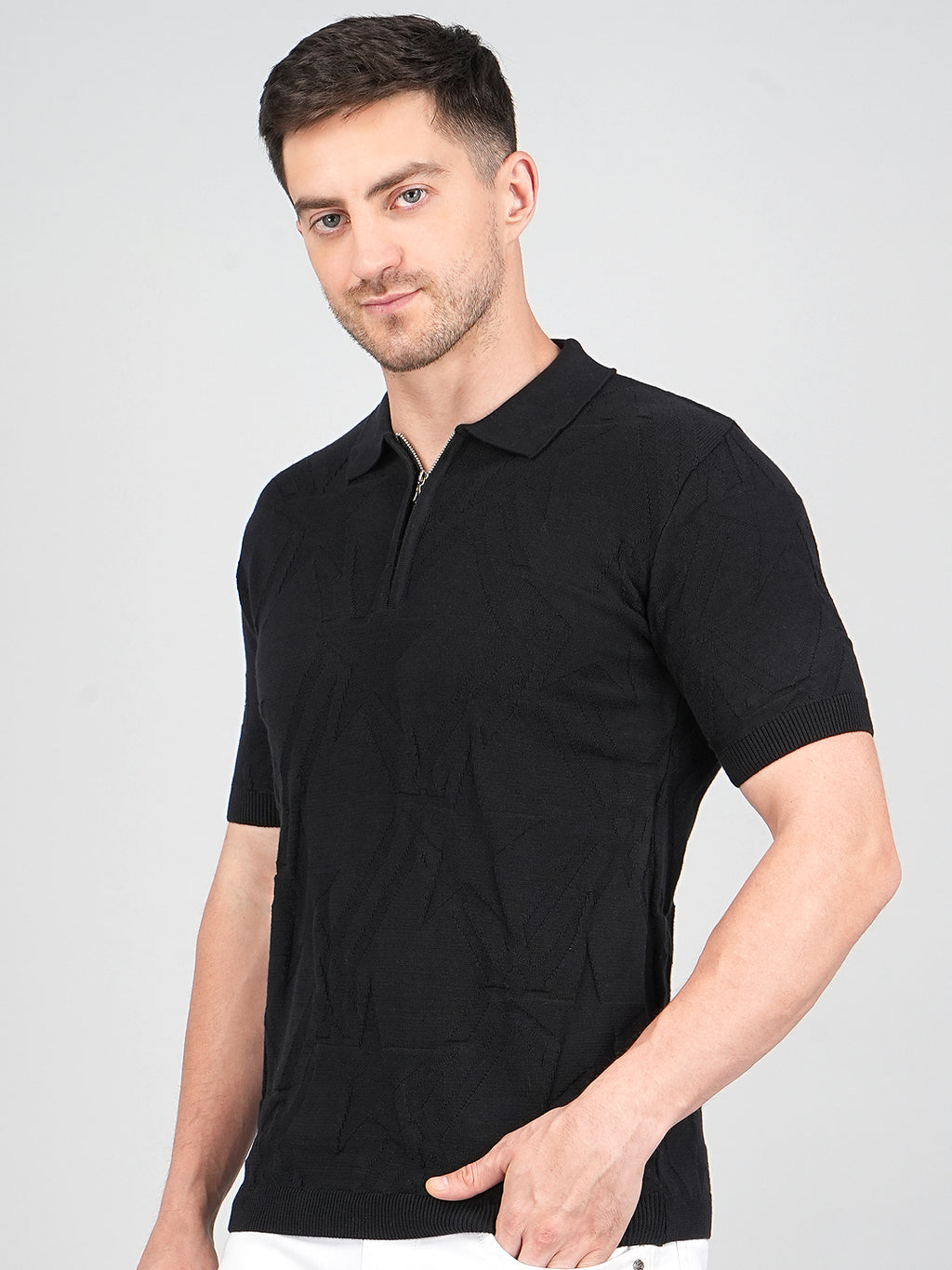 FEVERFEW Men Self Design Polo Neck Pure Cotton T-Shirt