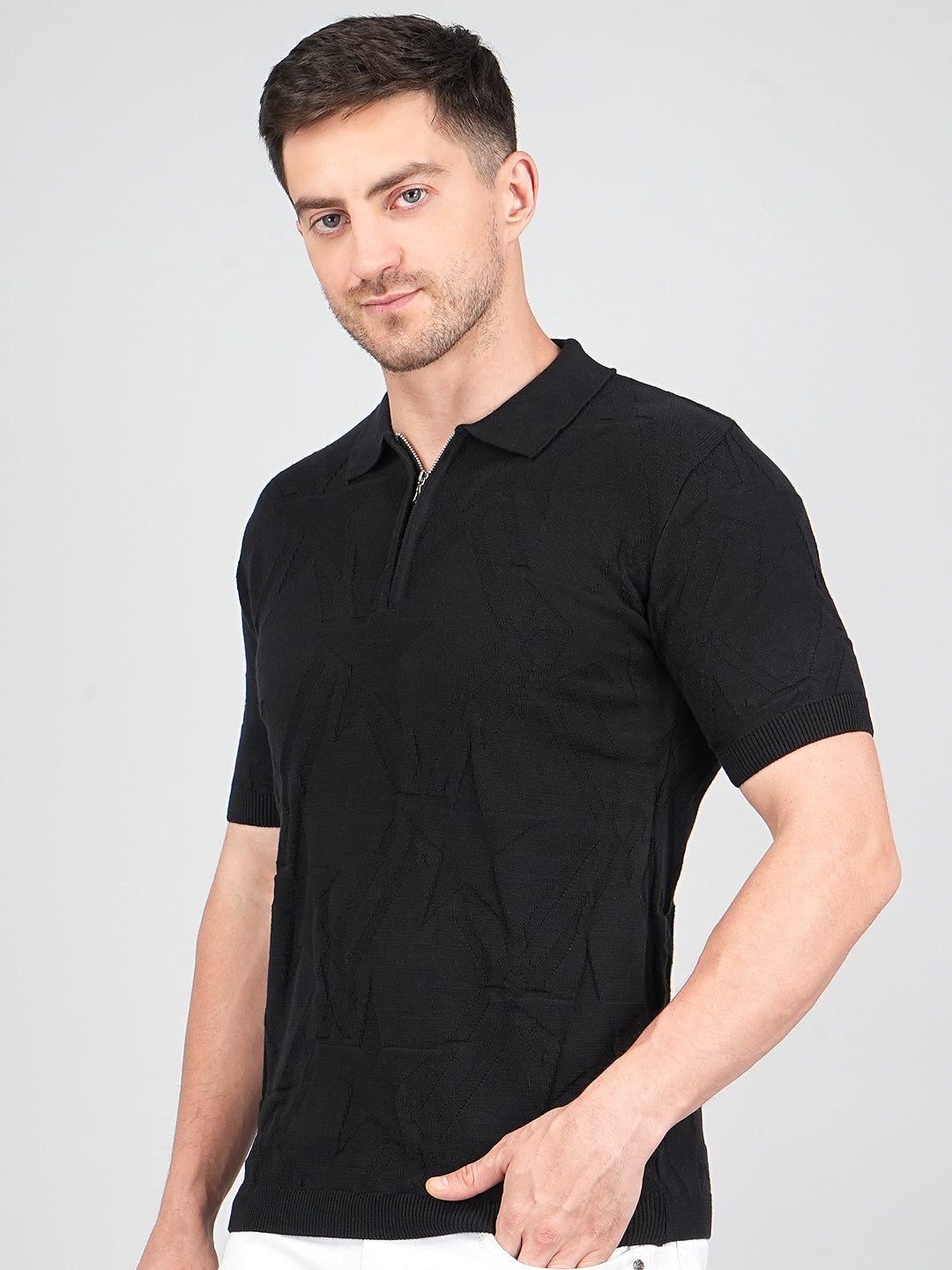 FEVERFEW Men Self Design Polo Neck Pure Cotton T-Shirt