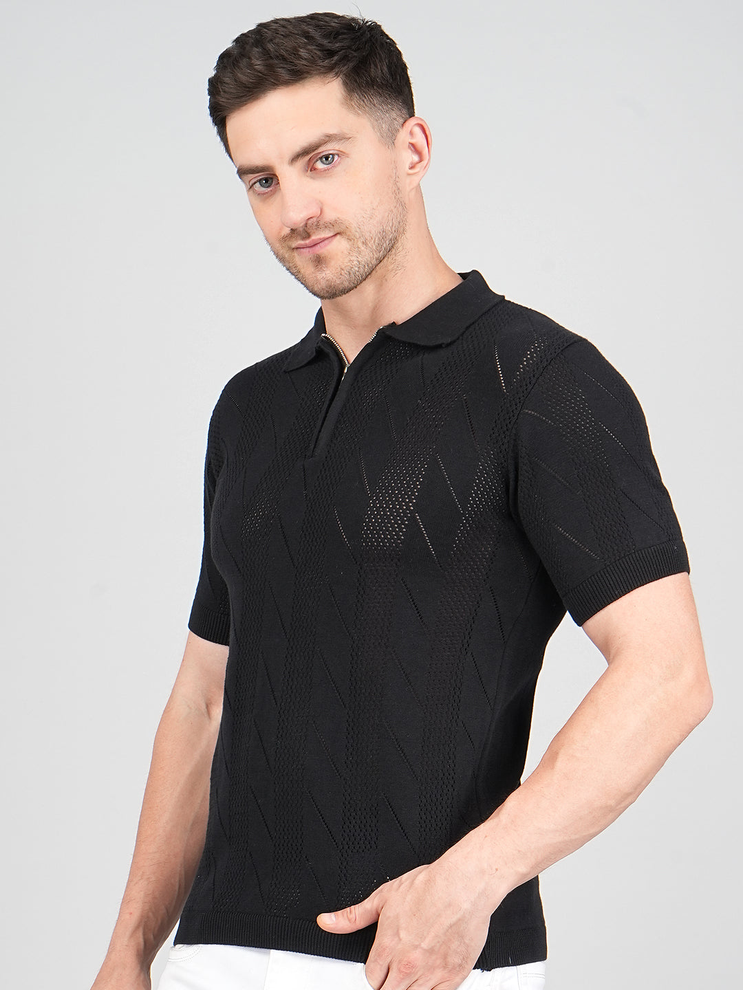 FEVERFEW Men Self Design Polo Neck Pure Cotton T-Shirt