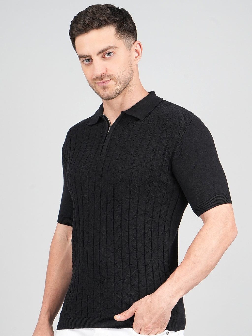 FEVERFEW Men Self Design Polo Neck Pure Cotton T-Shirt