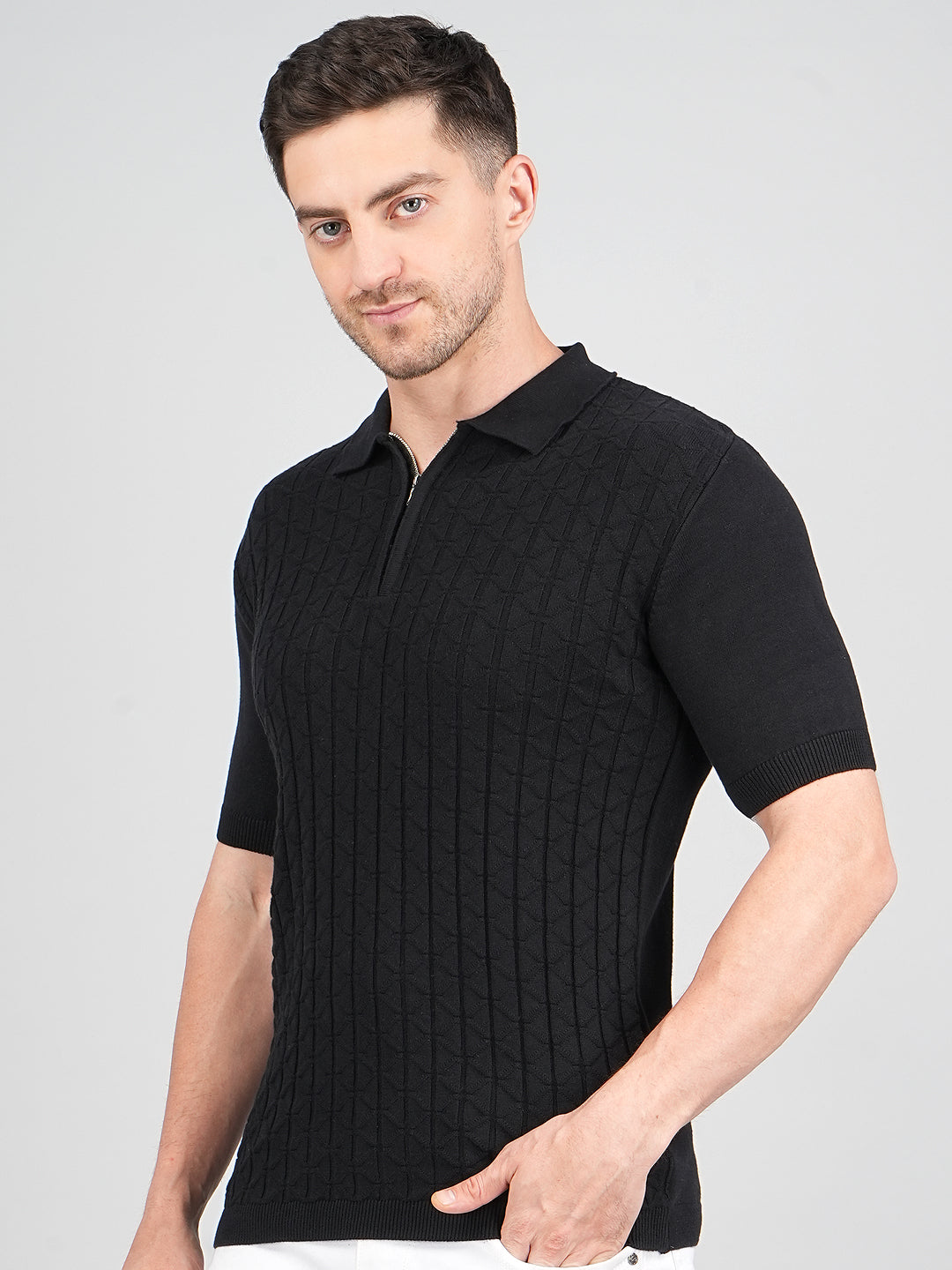 FEVERFEW Men Self Design Polo Neck Pure Cotton T-Shirt