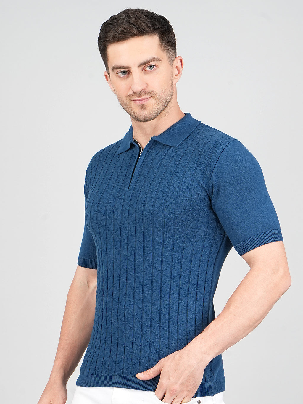 FEVERFEW Men Self Design Polo Neck Pure Cotton T-Shirt