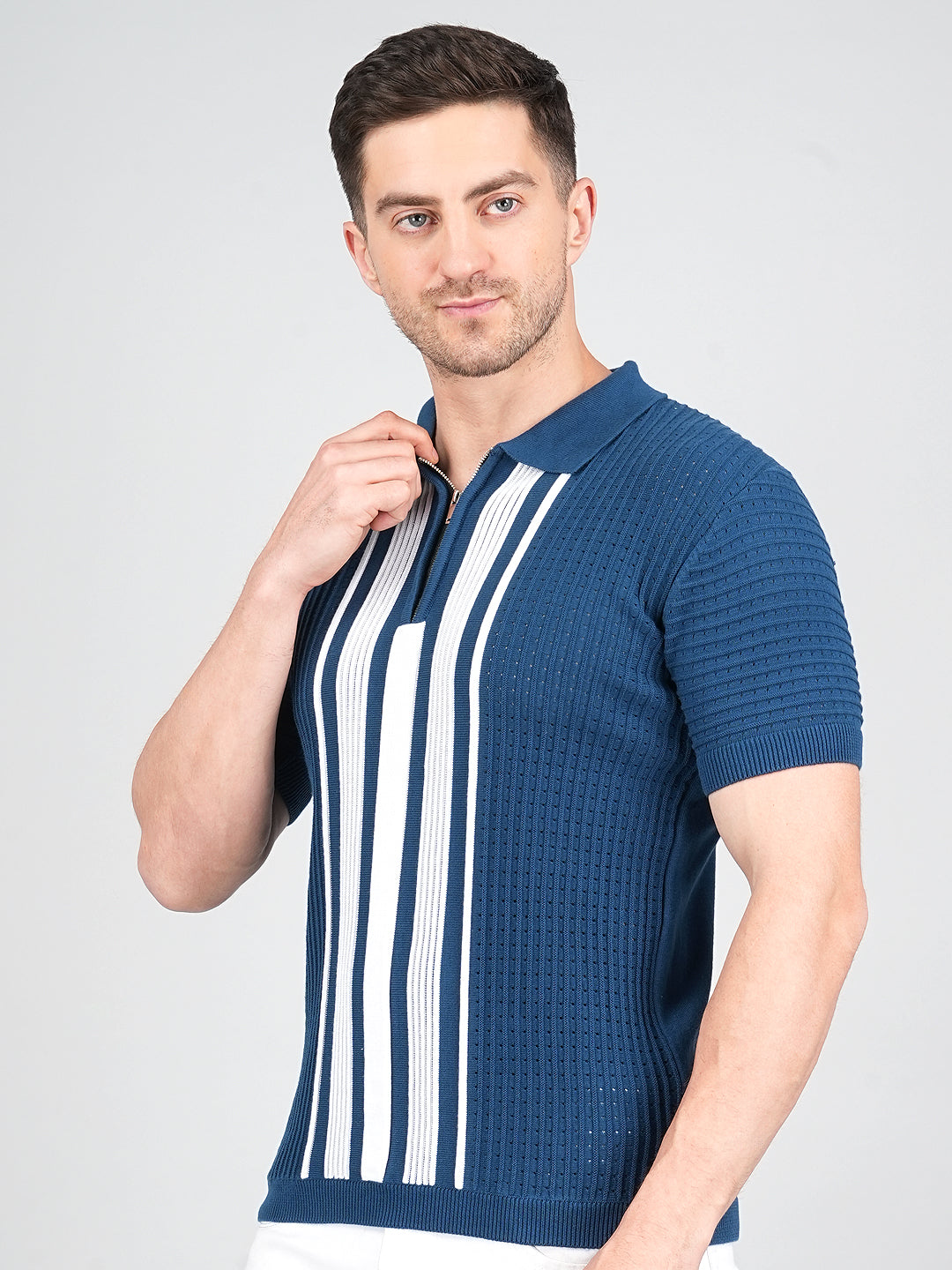 FEVERFEW Men Self Design Polo Neck Pure Cotton T-Shirt