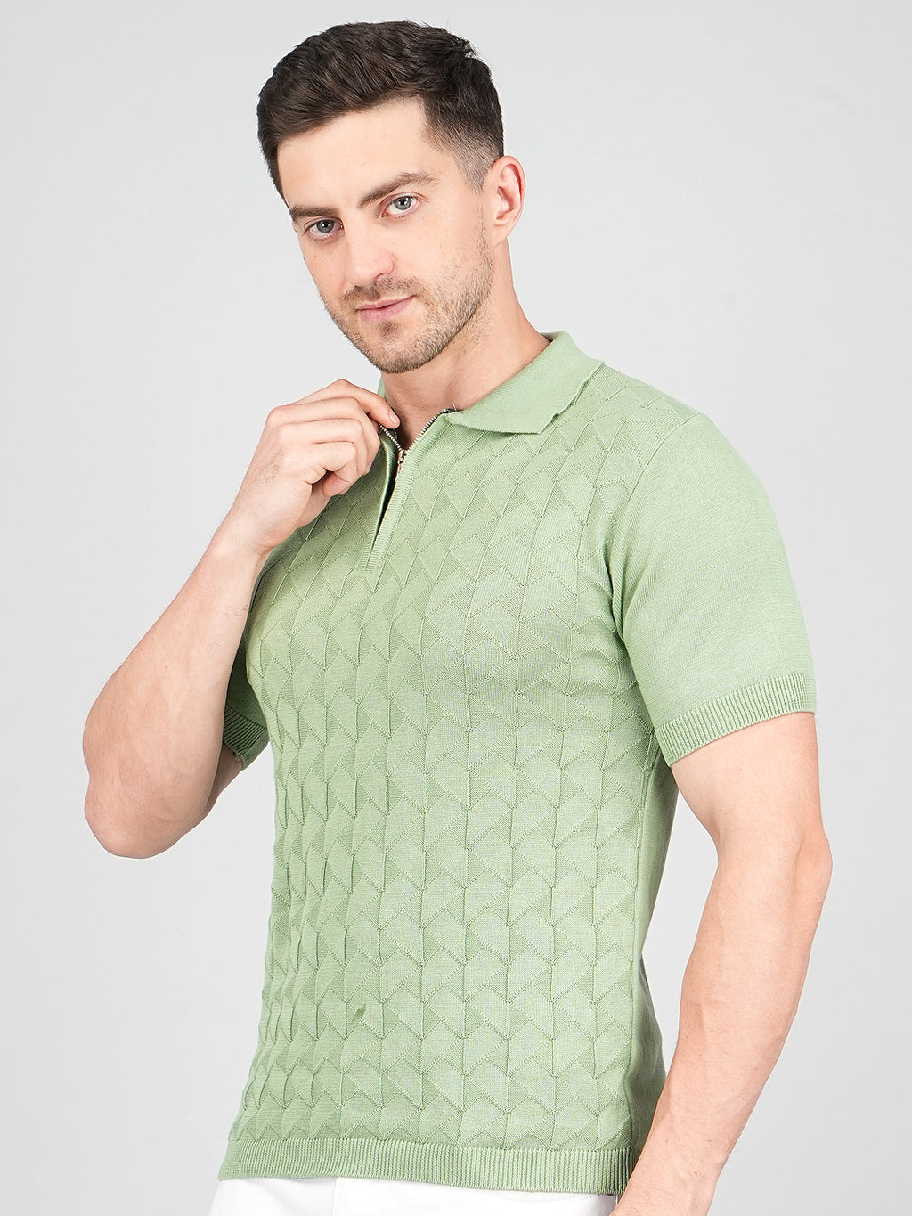 FEVERFEW Men Self Design Polo Neck Pure Cotton T-Shirt