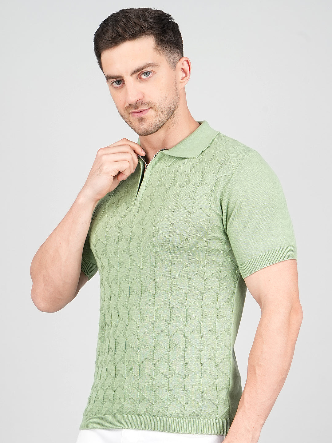 FEVERFEW Men Self Design Polo Neck Pure Cotton T-Shirt