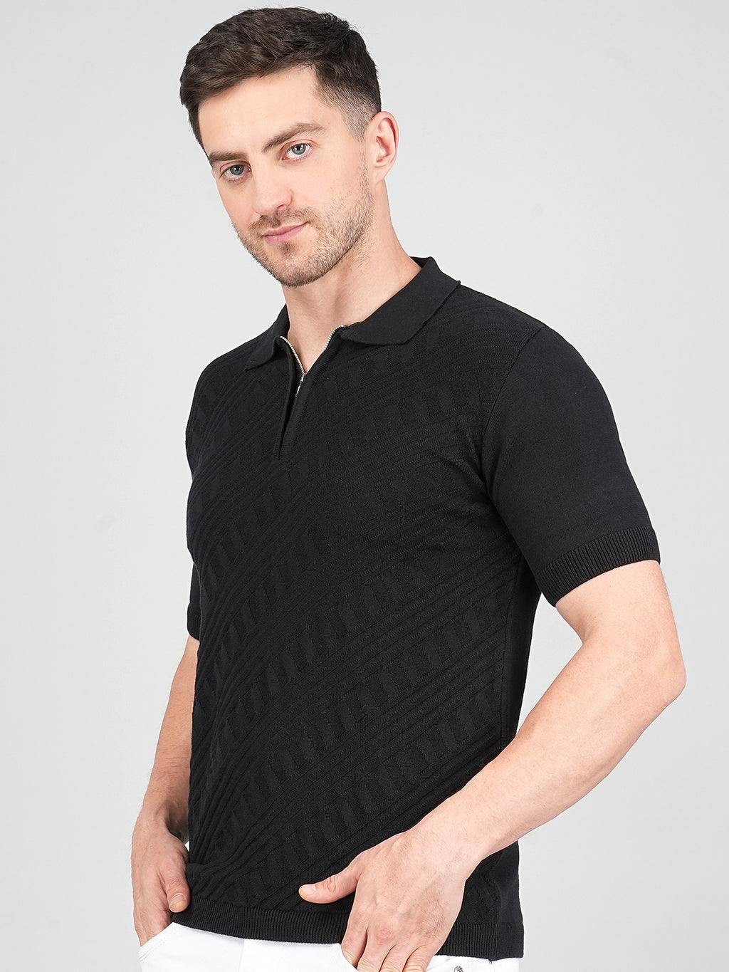 FEVERFEW Men Self Design Polo Neck Pure Cotton T-Shirt
