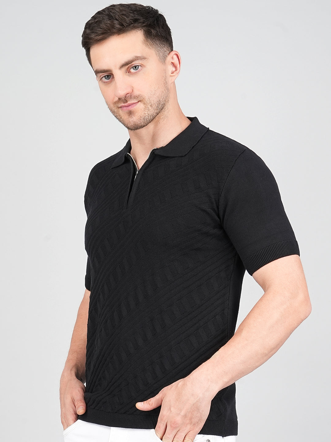 FEVERFEW Men Self Design Polo Neck Pure Cotton T-Shirt