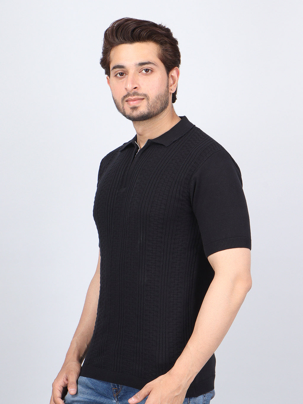 FEVERFEW Men Self Design Polo Neck Pure Cotton T-Shirt