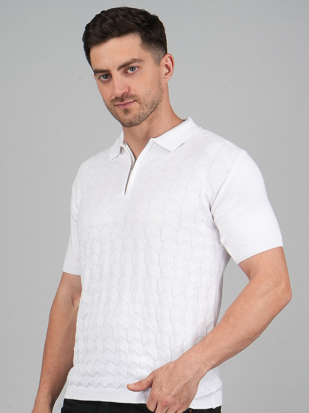 FEVERFEW Men Self Design Polo Neck Pure Cotton T-Shirt