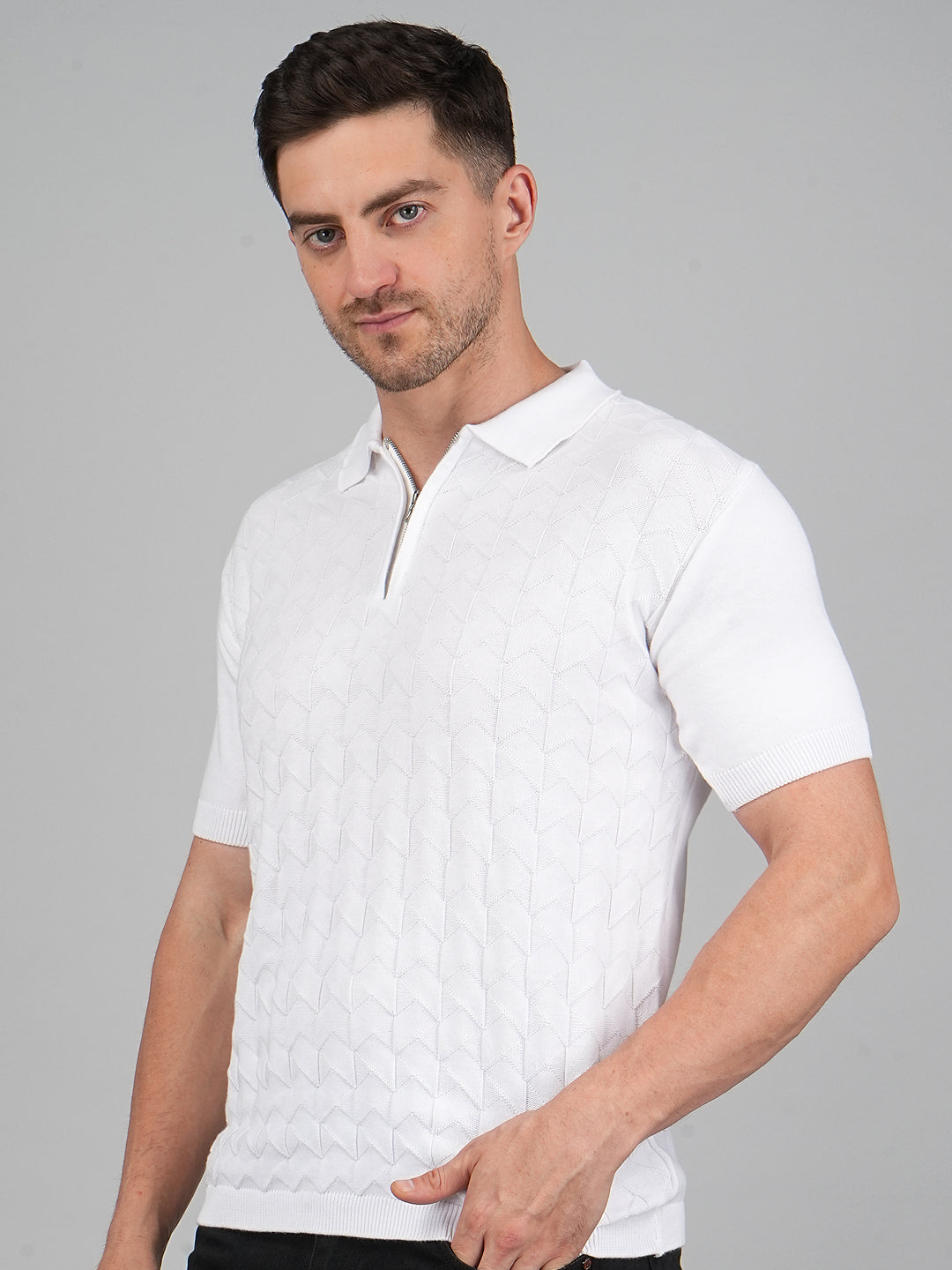 FEVERFEW Men Self Design Polo Neck Pure Cotton T-Shirt
