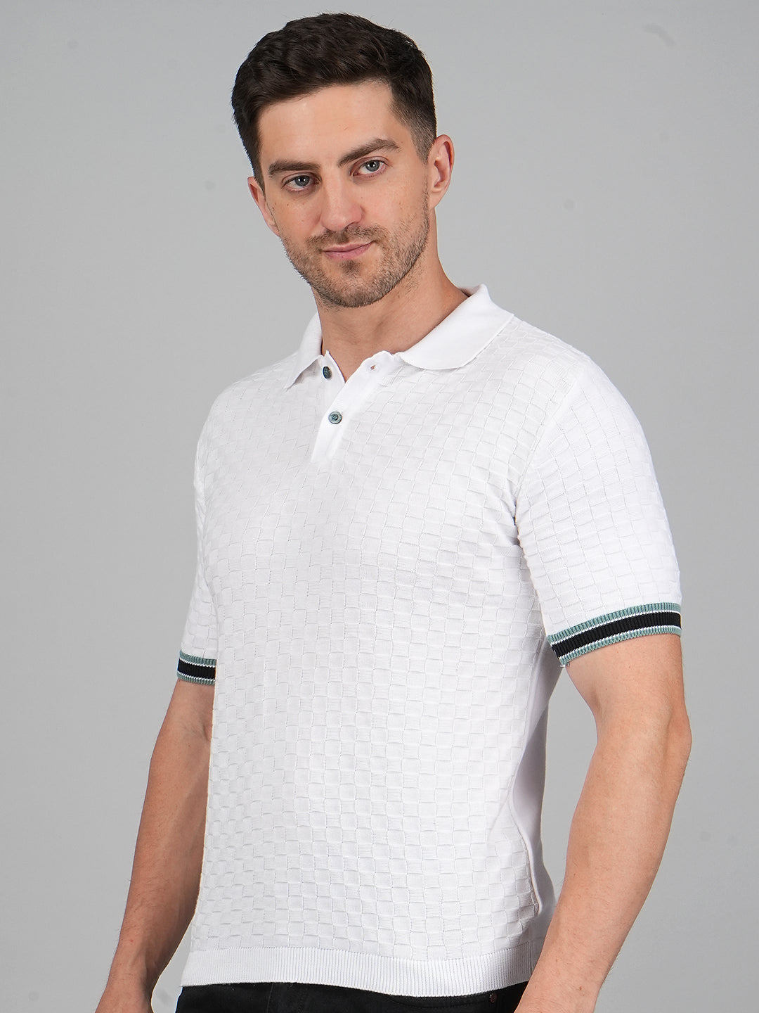 FEVERFEW Men Self Design Polo Neck Pure Cotton T-Shirt
