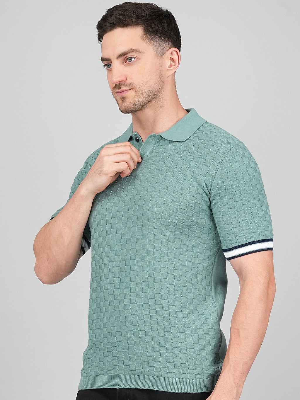 FEVERFEW Men Self Design Polo Neck Pure Cotton T-Shirt