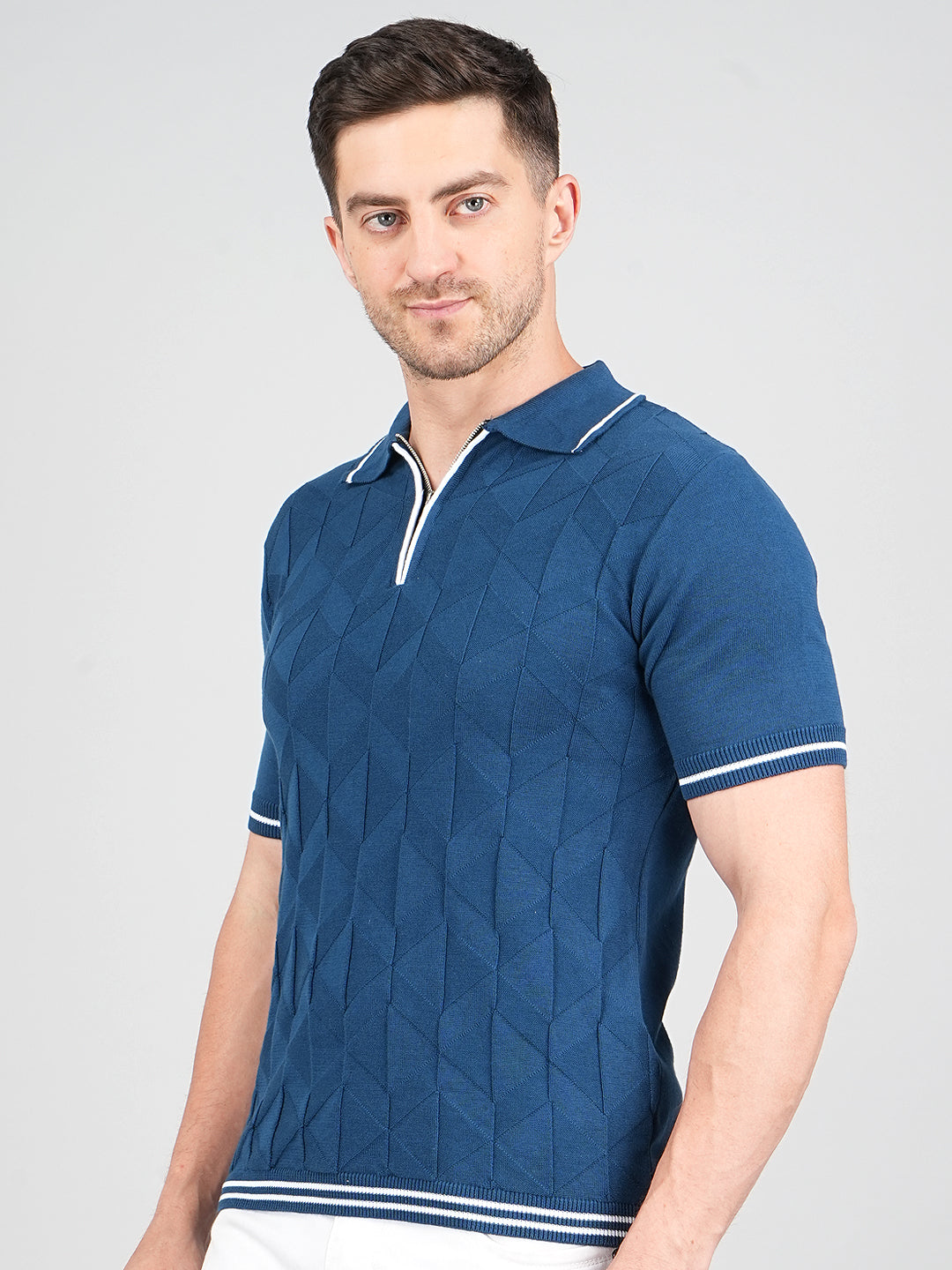 FEVERFEW Men Self Design Polo Neck Pure Cotton T-Shirt